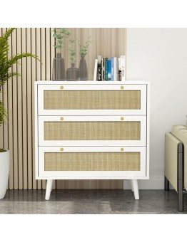Dresser for Bedroom with 3 Drawers, Modern Wood 3 Drawer Dresser, White Chest of Drawer with Spacious Storage Rattan Dresser for Bedroom Living Room H0072